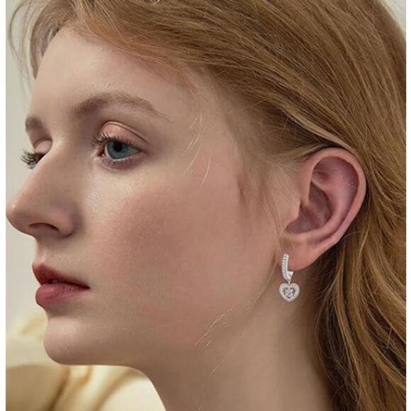 Sterling Silver CZ Heart Dangle Hoop Earrings - Picture 2 of 6